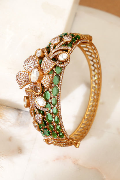 Gold Plated Kundan Polki & Emerald Stone Openable Kada