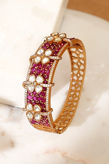 Gold Plated Moissanite Polki & Ruby Stone Kada