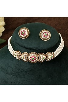 Gold Plated Multi-Colored Kundan Polki & Pearl Choker Necklace Set