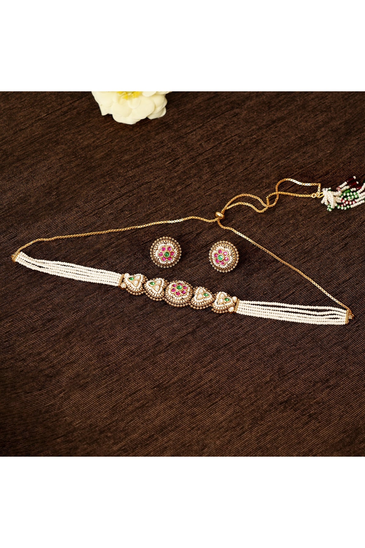 Gold Plated Multi-Colored Kundan Polki & Pearl Choker Necklace Set