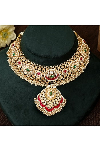 Gold Finish Multi-Colored Stone & Kundan Polki Necklace Set