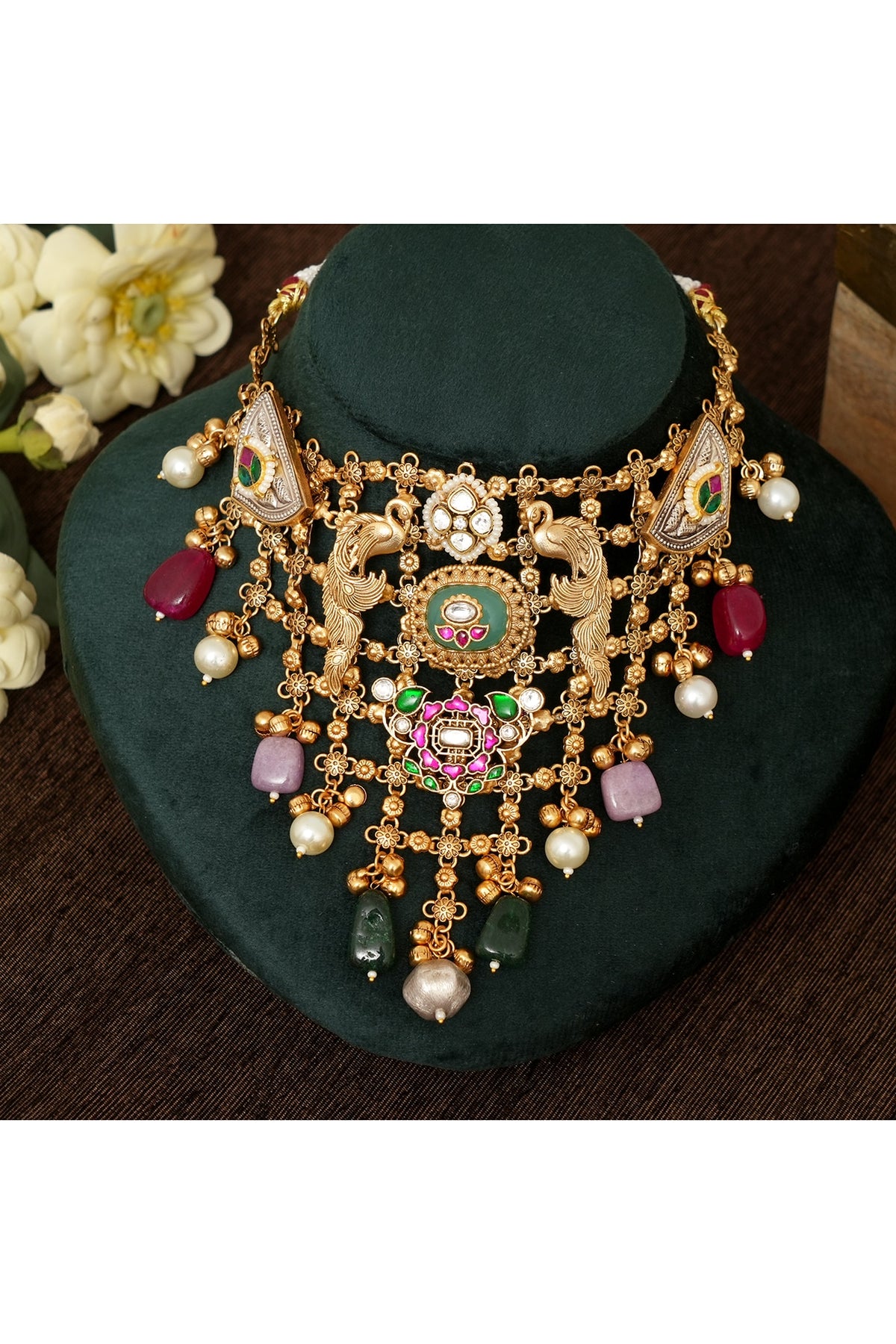 Gold Finish Multi-Colored Stone & Kundan Polki Choker Necklace Set