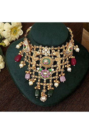Gold Finish Multi-Colored Stone & Kundan Polki Choker Necklace Set