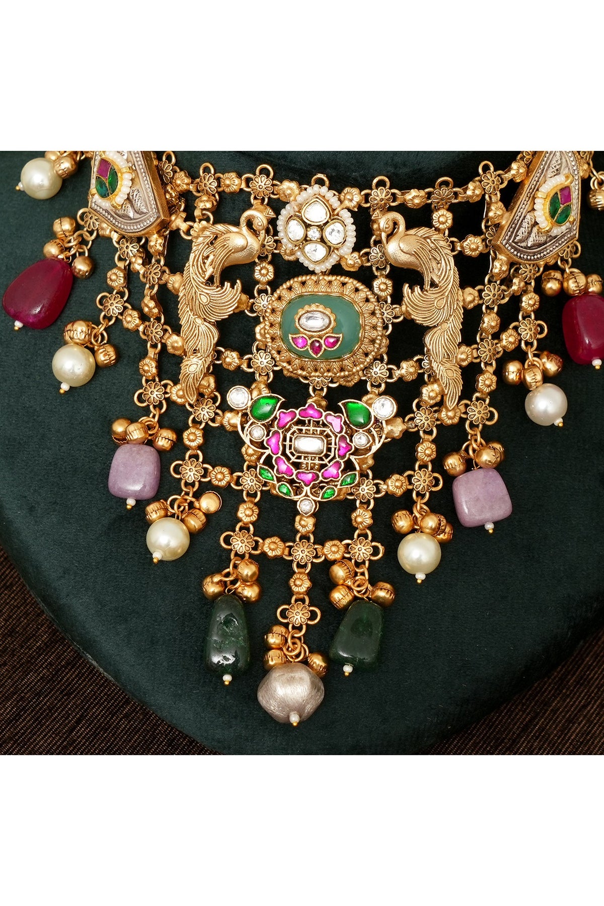 Gold Finish Multi-Colored Stone & Kundan Polki Choker Necklace Set