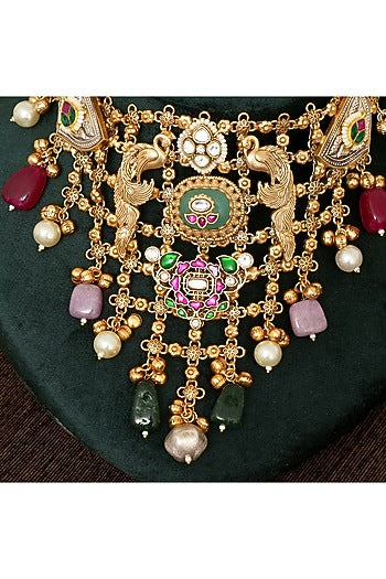 Gold Finish Multi-Colored Stone & Kundan Polki Choker Necklace Set