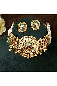 Gold Finish Multi-Colored Stone & Kundan Polki Choker Necklace Set