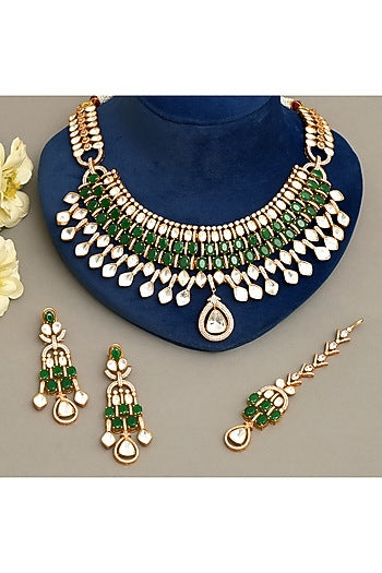 Gold Plated Kundan Polki & Emerald Necklace Set