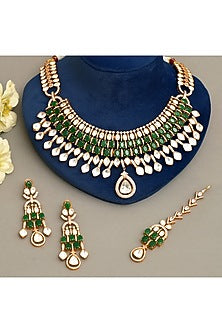 Gold Plated Kundan Polki & Emerald Necklace Set