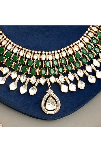 Gold Plated Kundan Polki & Emerald Necklace Set