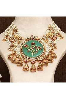 Gold Finish Kundan Polki & Pearl Necklace Set