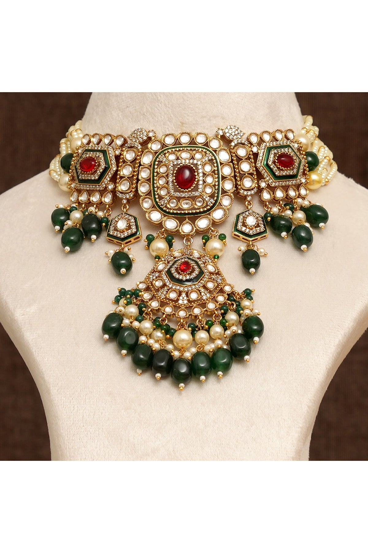 Gold Finish Multi-Colored Stone & Kundan Polki Necklace Set