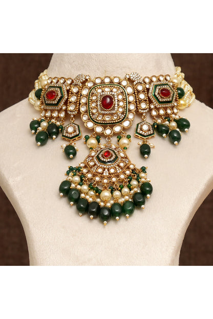 Gold Finish Multi-Colored Stone & Kundan Polki Necklace Set