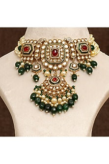 Gold Finish Multi-Colored Stone & Kundan Polki Necklace Set