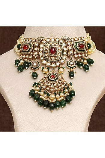 Gold Finish Multi-Colored Stone & Kundan Polki Necklace Set