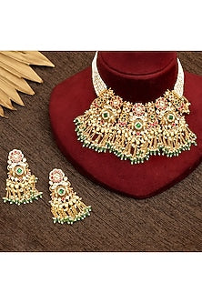 Gold Plated Multi-Colored Kundan Polki & Pearl Necklace Set