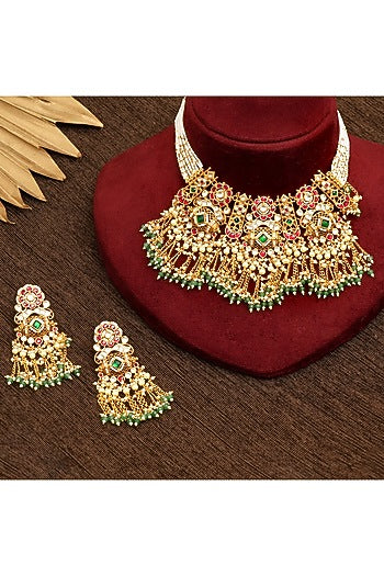 Gold Plated Multi-Colored Kundan Polki & Pearl Necklace Set