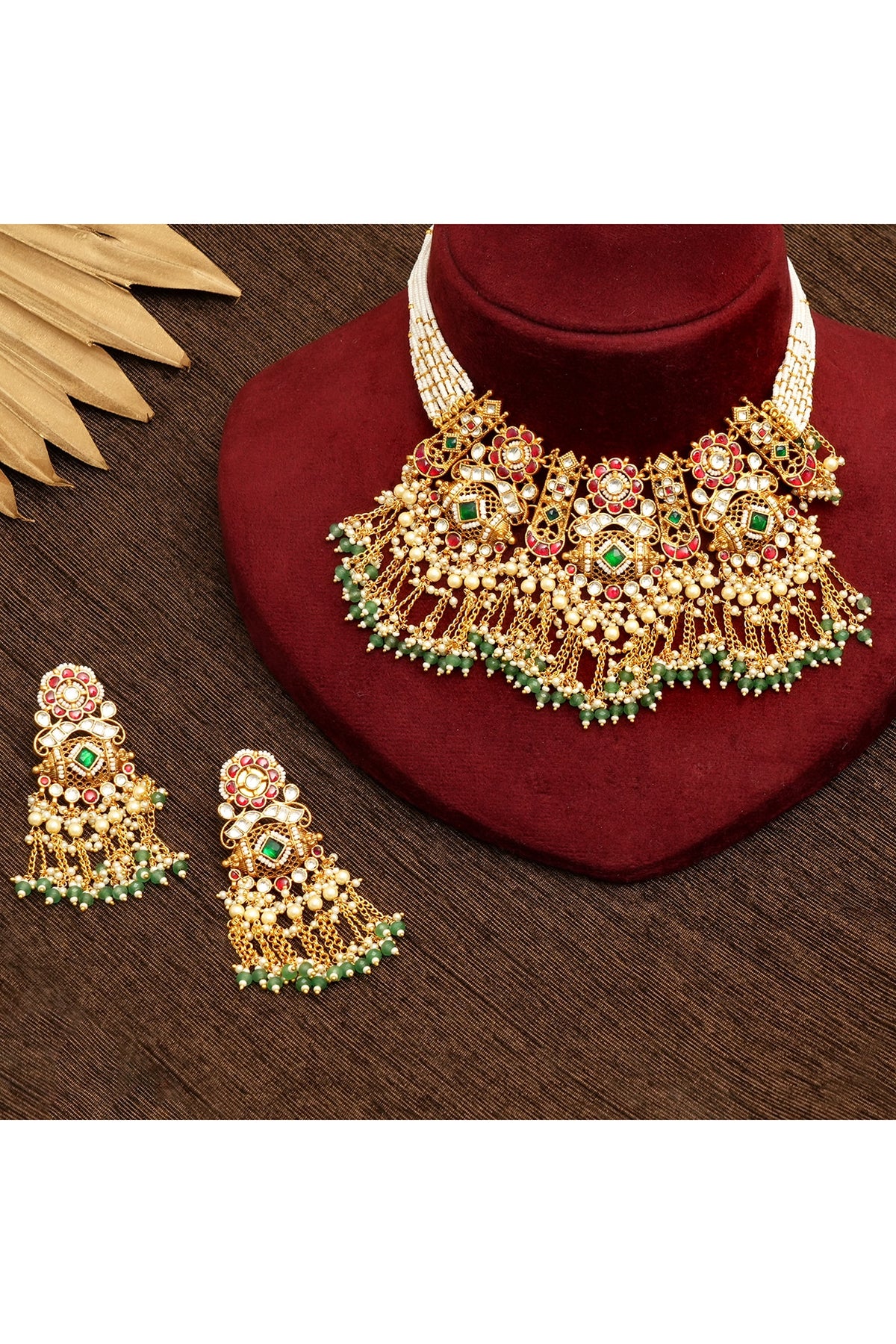 Gold Plated Multi-Colored Kundan Polki & Pearl Necklace Set