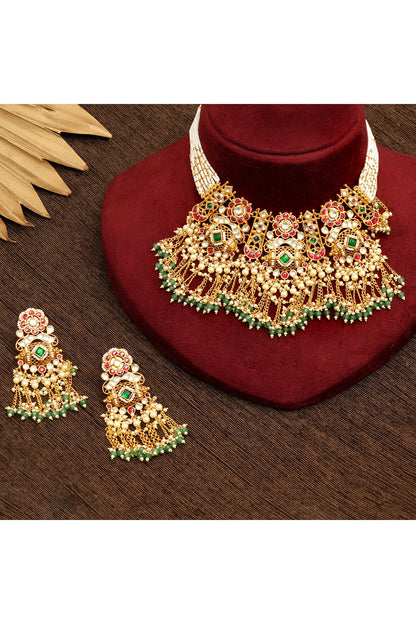 Gold Plated Multi-Colored Kundan Polki & Pearl Necklace Set