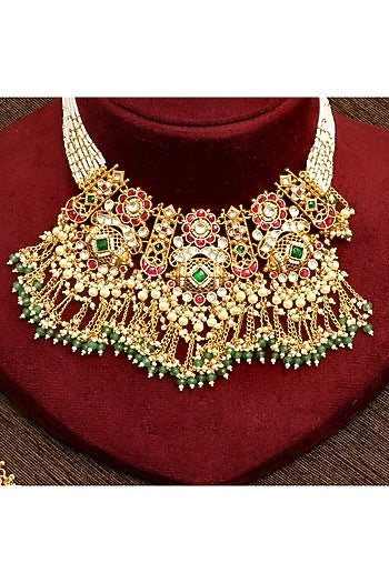 Gold Plated Multi-Colored Kundan Polki & Pearl Necklace Set