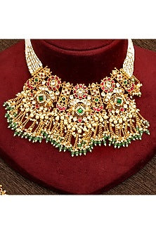 Gold Plated Multi-Colored Kundan Polki & Pearl Necklace Set