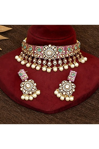 Gold Finish Kundan Polki & Ruby Choker Necklace Set