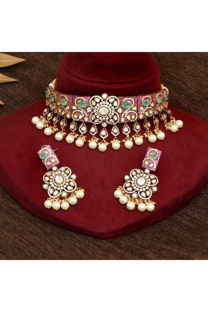 Gold Finish Kundan Polki & Ruby Choker Necklace Set