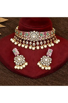 Gold Finish Kundan Polki & Ruby Choker Necklace Set