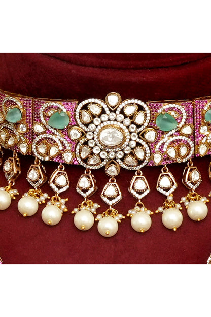 Gold Finish Kundan Polki & Ruby Choker Necklace Set