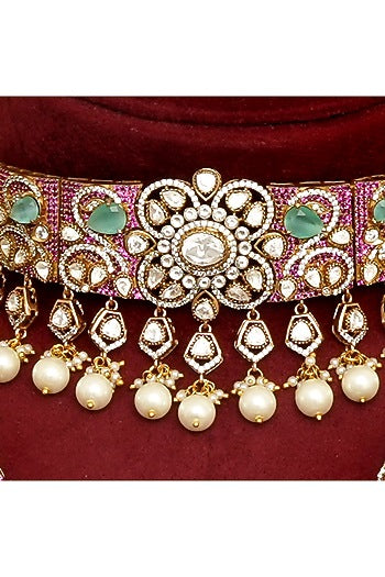 Gold Finish Kundan Polki & Ruby Choker Necklace Set