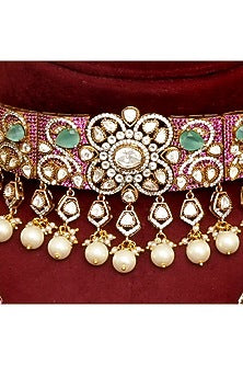 Gold Finish Kundan Polki & Ruby Choker Necklace Set