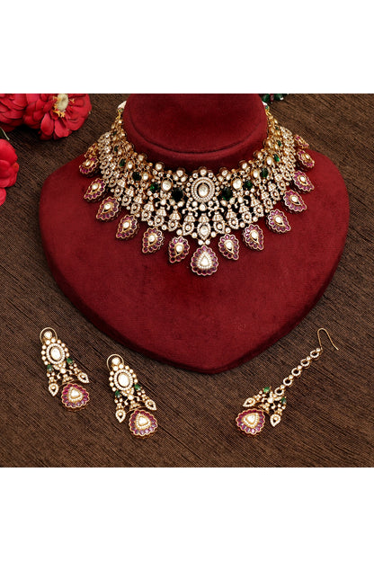 Gold Plated Kundan Polki & Ruby Necklace Set