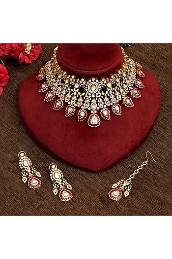 Gold Plated Kundan Polki & Ruby Necklace Set