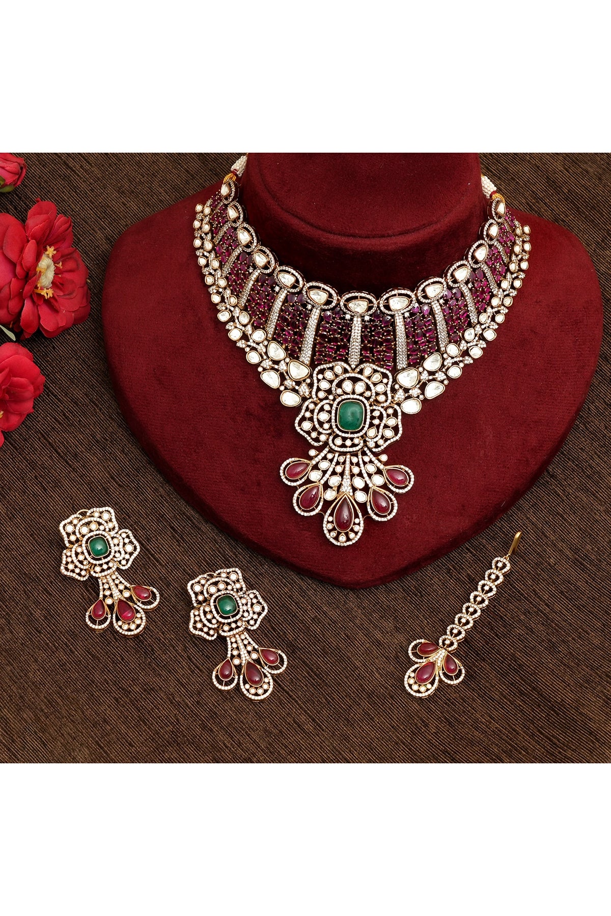 Gold Plated Kundan Polki & Ruby Necklace Set