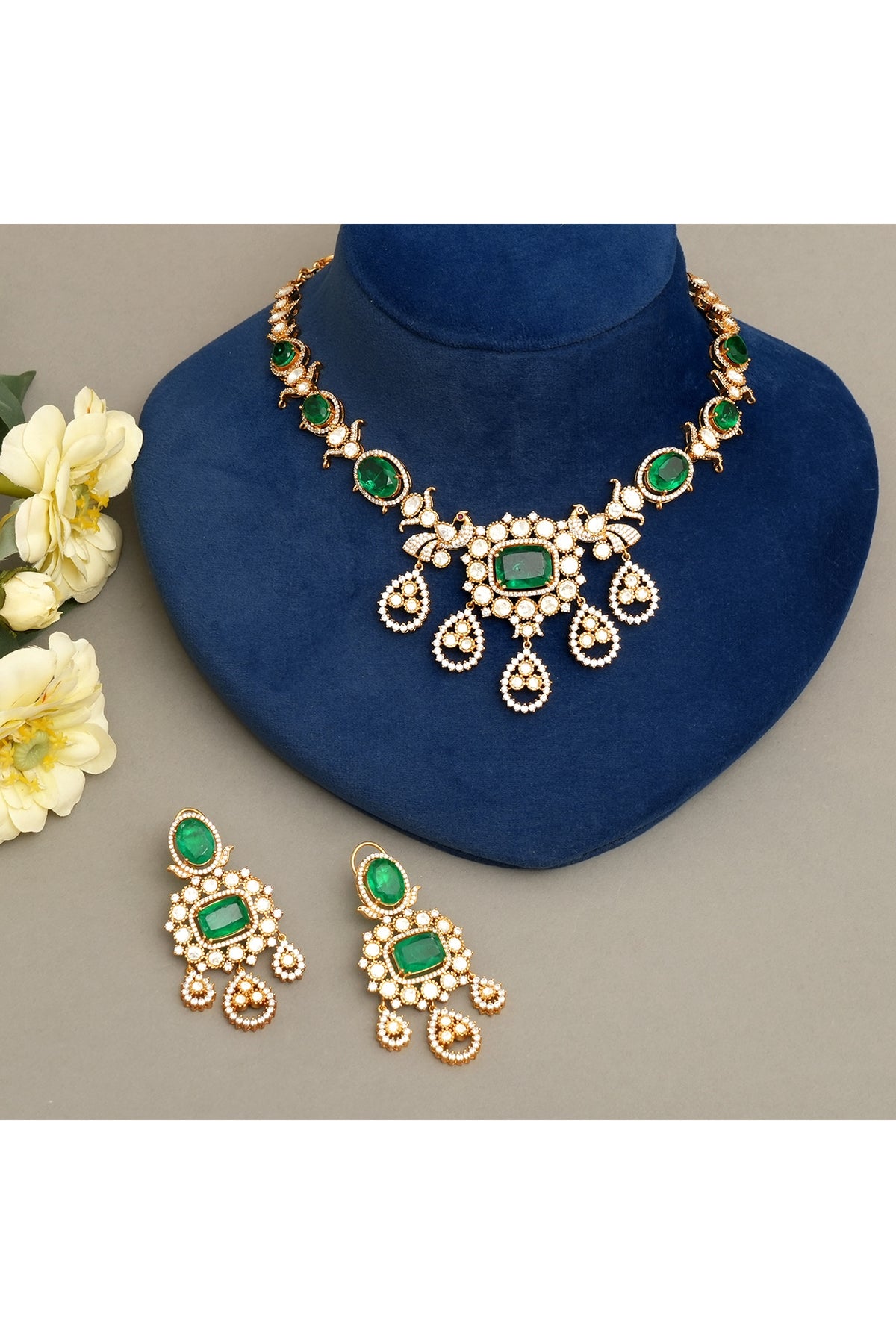 Gold Plated Kundan Polki & Emerald Necklace Set