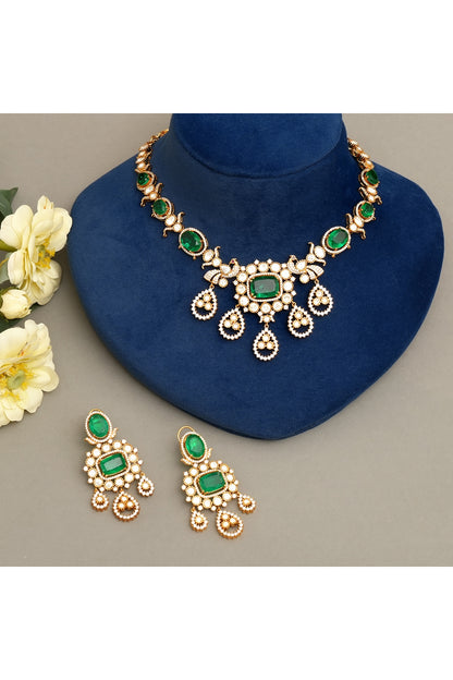 Gold Plated Kundan Polki & Emerald Necklace Set