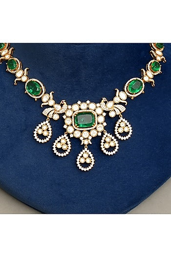Gold Plated Kundan Polki & Emerald Necklace Set