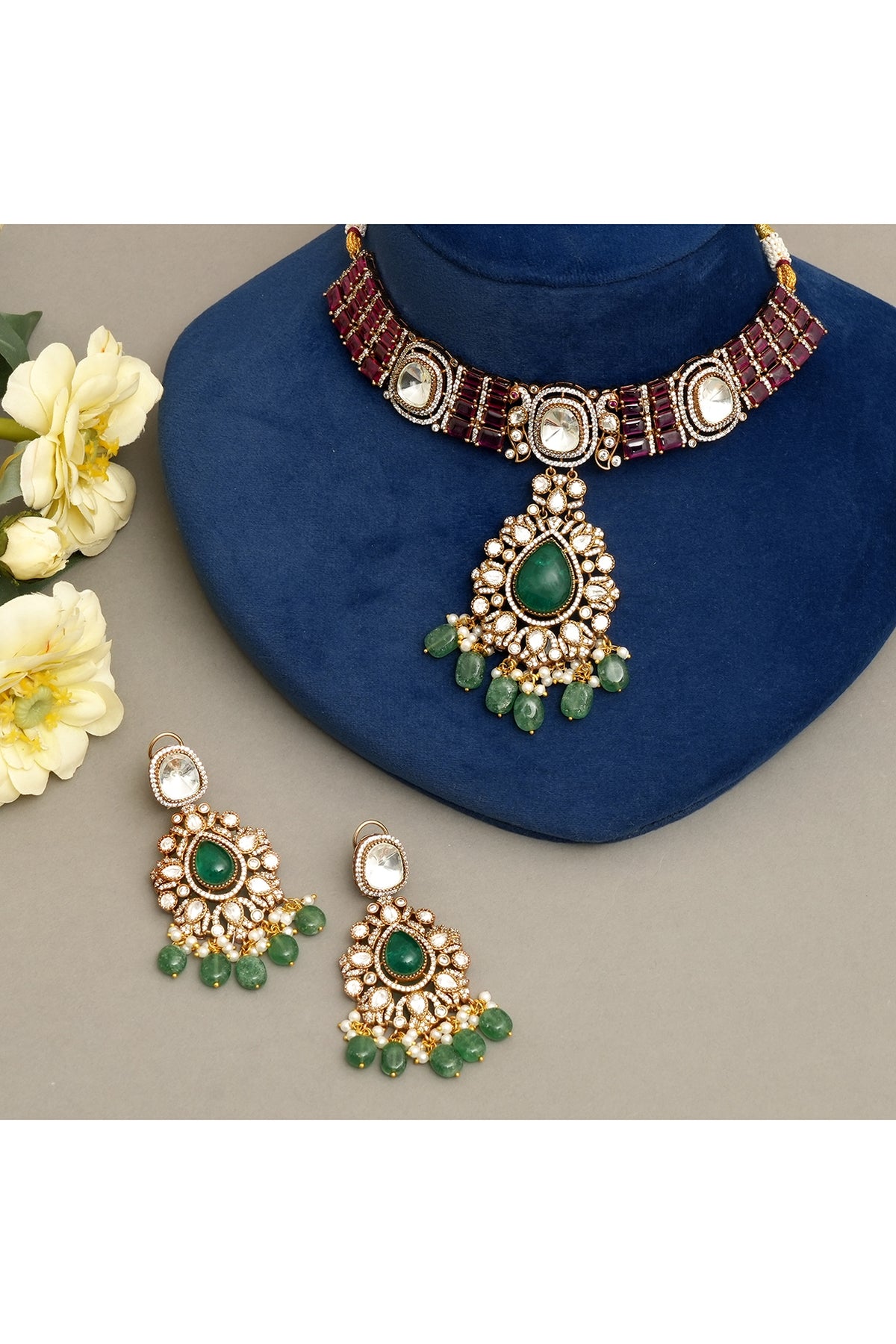 Gold Plated Kundan Polki & Ruby Necklace Set