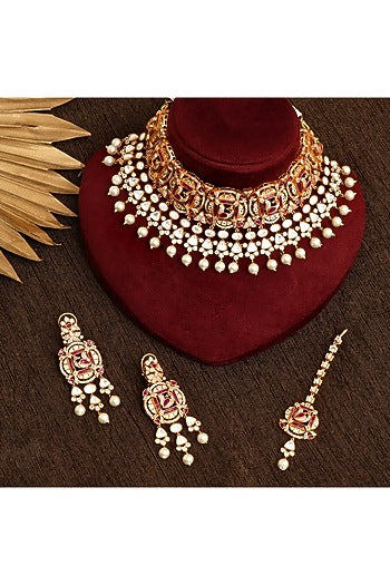 Gold Finish Multi-Colored Kundan Polki Choker Necklace Set