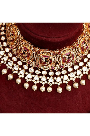Gold Finish Multi-Colored Kundan Polki Choker Necklace Set