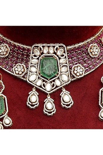 Gold Plated Kundan Polki & Ruby Choker Necklace Set