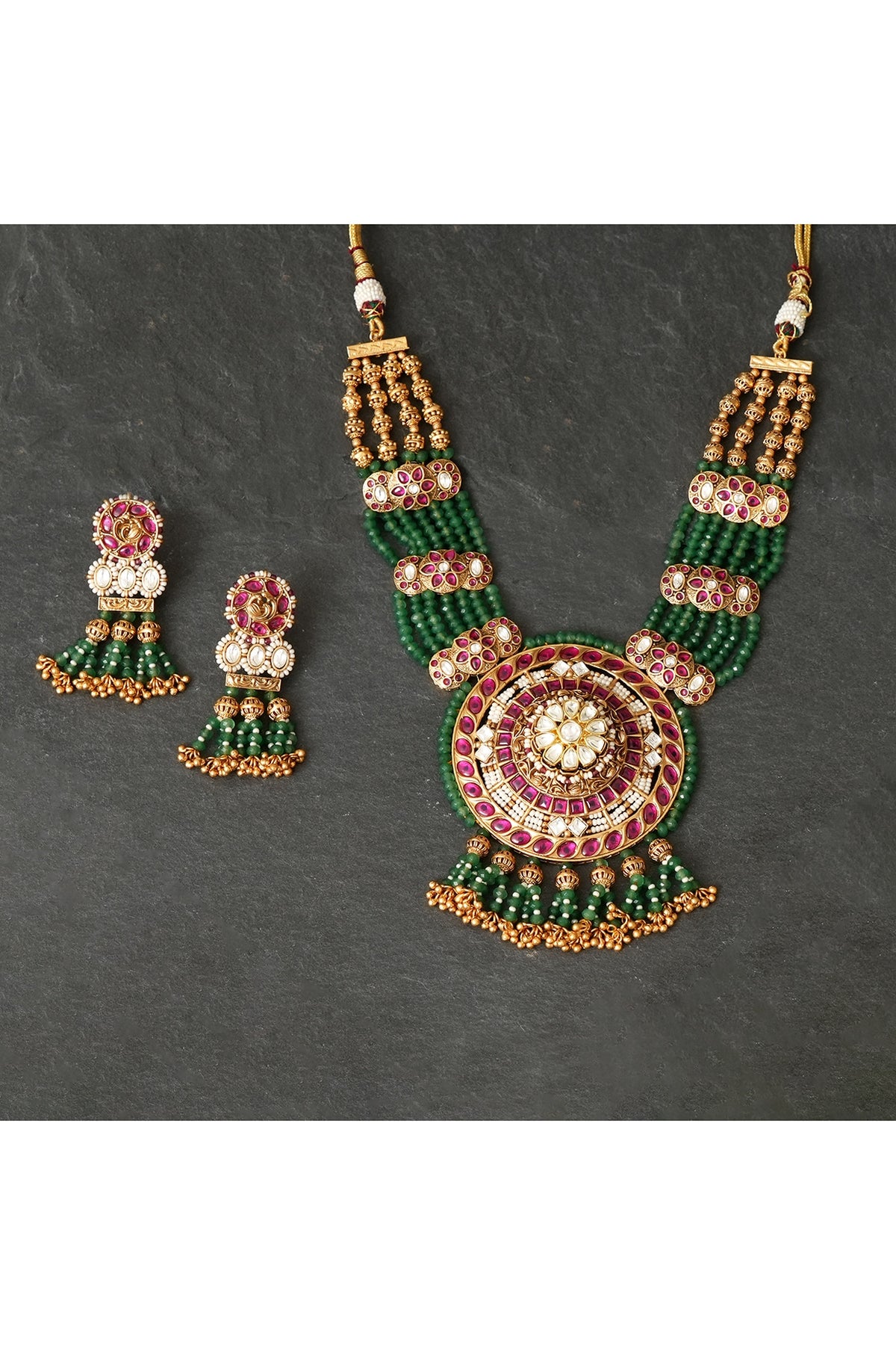 Gold Plated Kundan Polki & Ruby Pendant Necklace Set