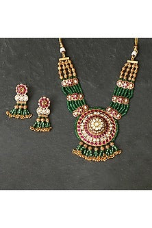 Gold Plated Kundan Polki & Ruby Pendant Necklace Set