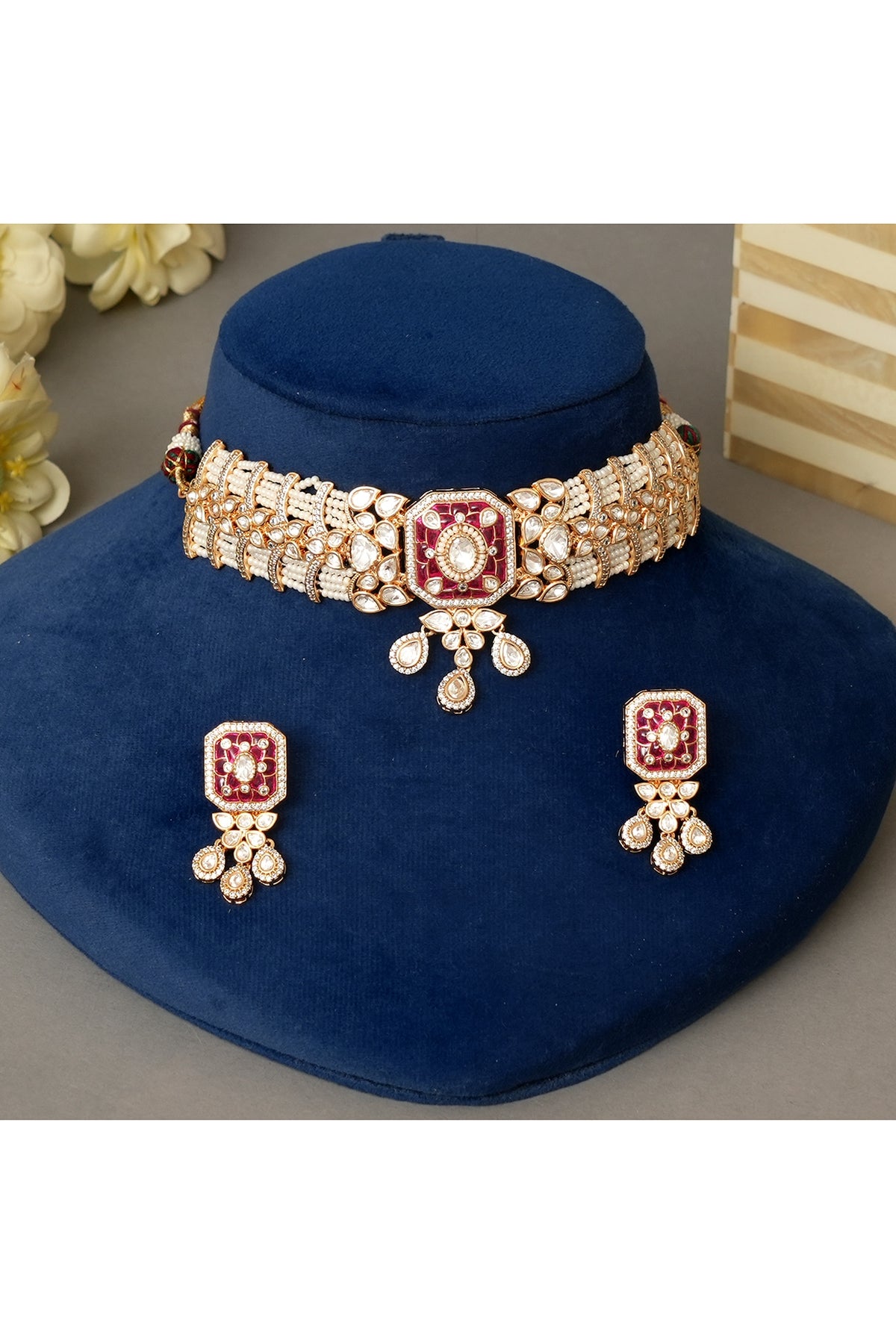 Gold Plated Kundan Polki & Ruby Choker Necklace Set