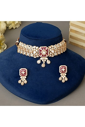 Gold Plated Kundan Polki & Ruby Choker Necklace Set