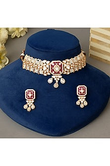 Gold Plated Kundan Polki & Ruby Choker Necklace Set