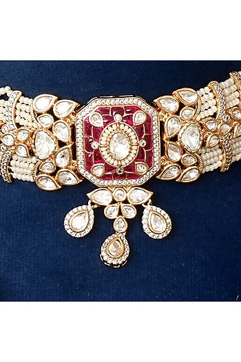Gold Plated Kundan Polki & Ruby Choker Necklace Set