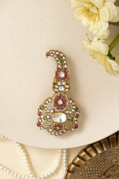 Gold Finish Multi-Colored Kundan Polki & Pearl Kalangi