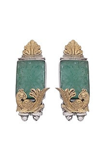 Gold Finish Green Carved Aventurine Stone & Peacock Motif Dangler Earrings In Sterling Silver