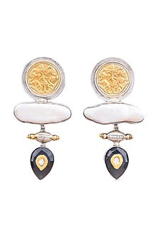 White Finish Mother Of Pearls & Black Onyx Stone Dangler Earrings In Sterling Silver