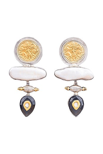 White Finish Mother Of Pearls & Black Onyx Stone Dangler Earrings In Sterling Silver